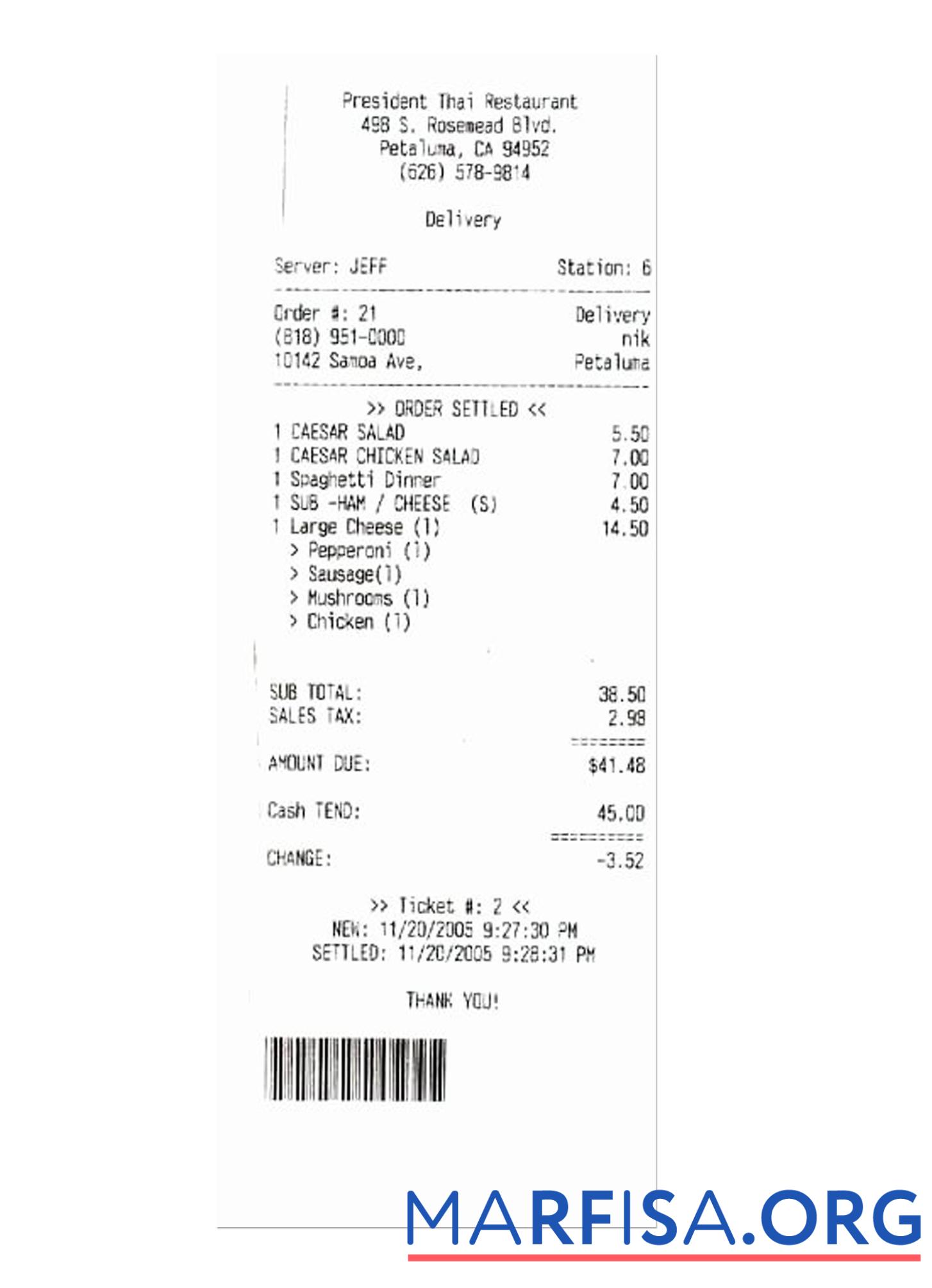 Downloadable PRESIDENT THAI RESTAURANT payment check version 2 template